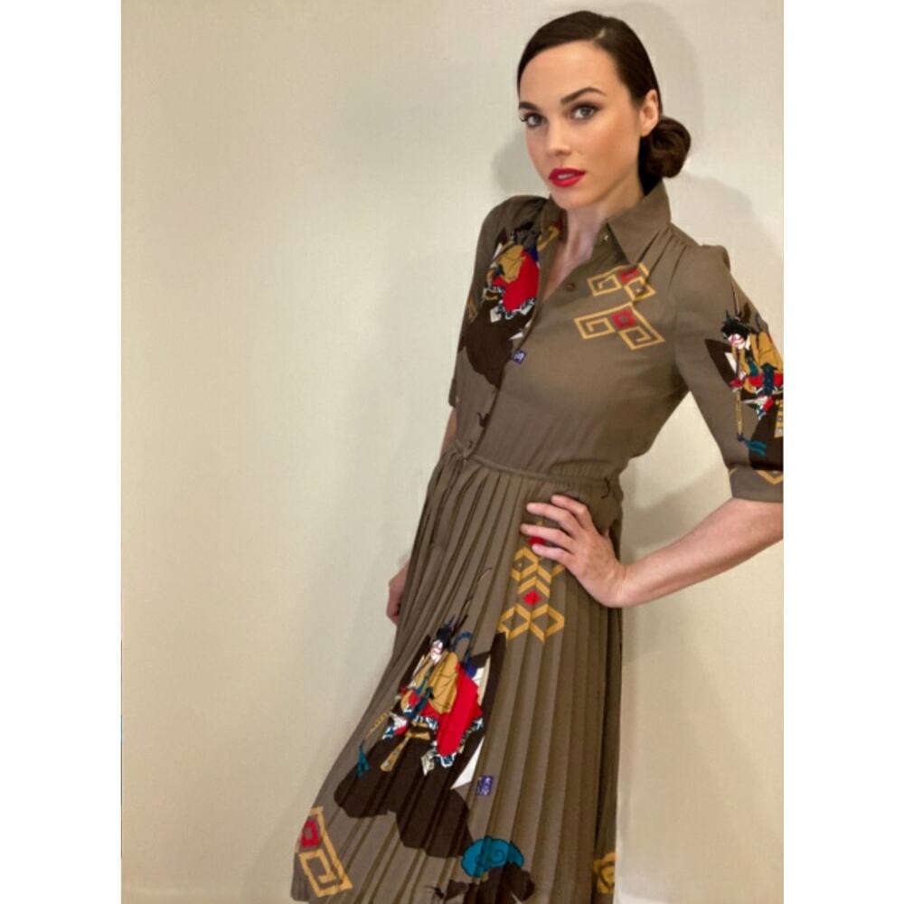 Italiya Japanese Label Midi Silk-like Pleated Dress Japanese Blockprint Sz S/M - Picture 2 of 11